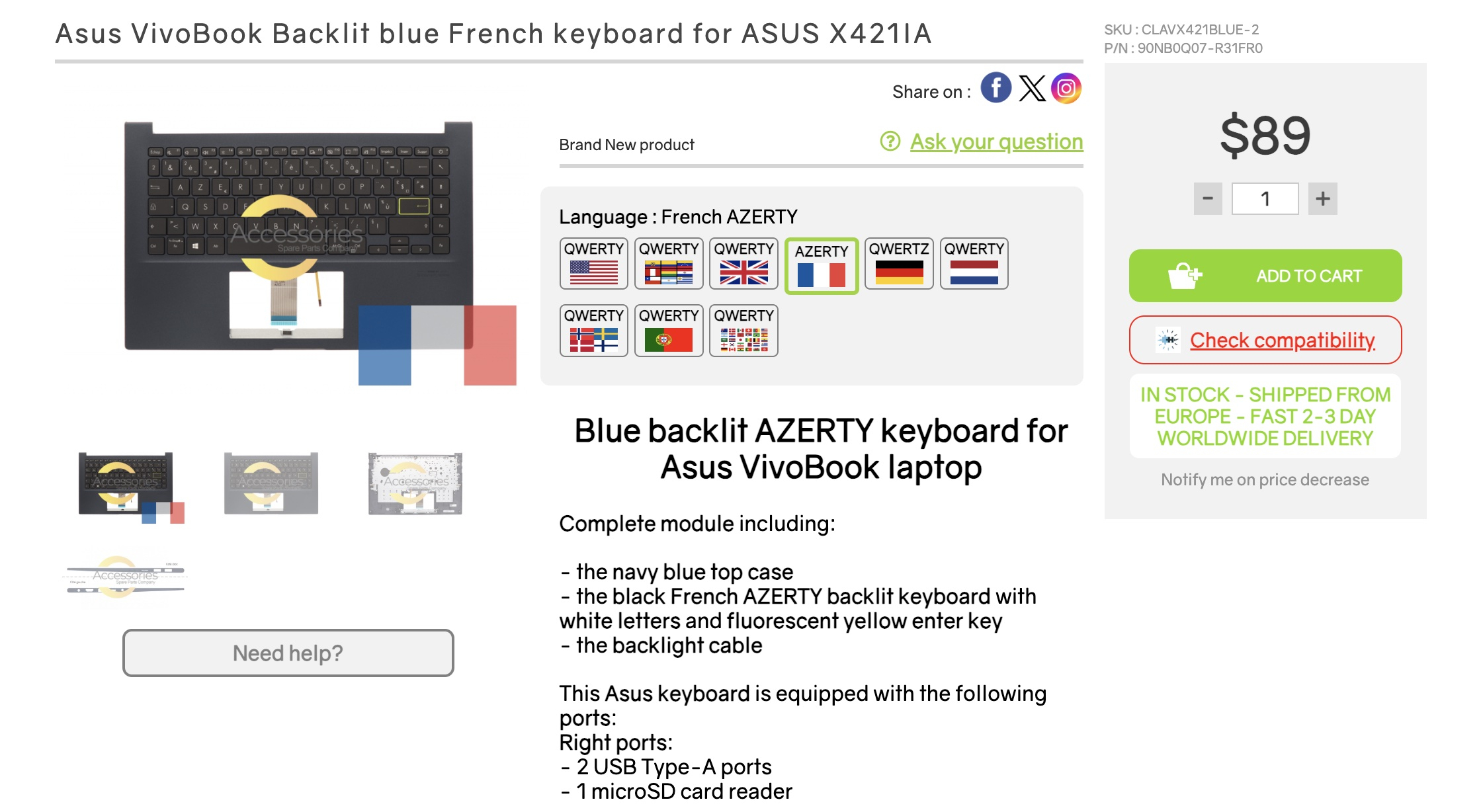 Asus Zenbook Blue Backlit French keyboard 