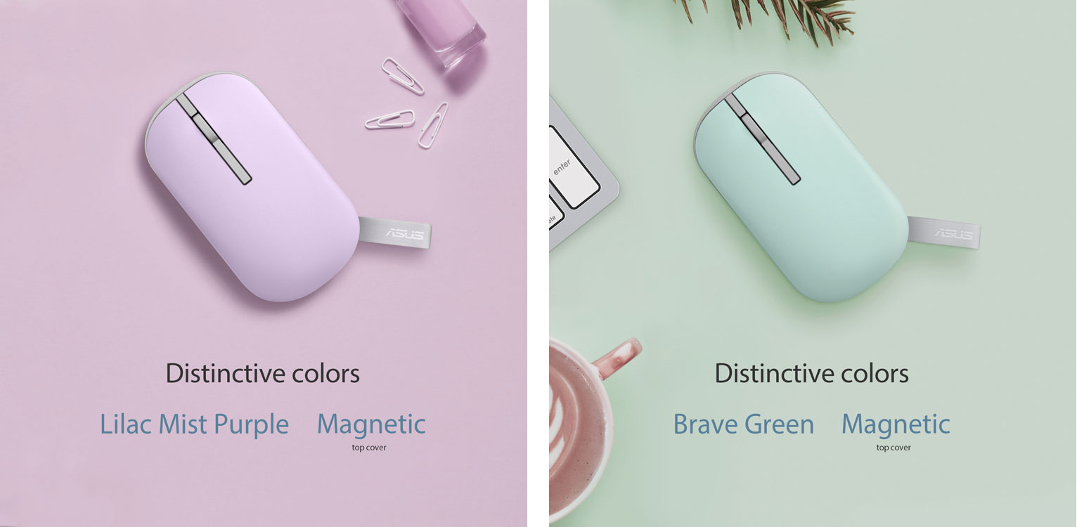 Marshmallow MD100 mouse with lilac purple / brave green interchangeable shells