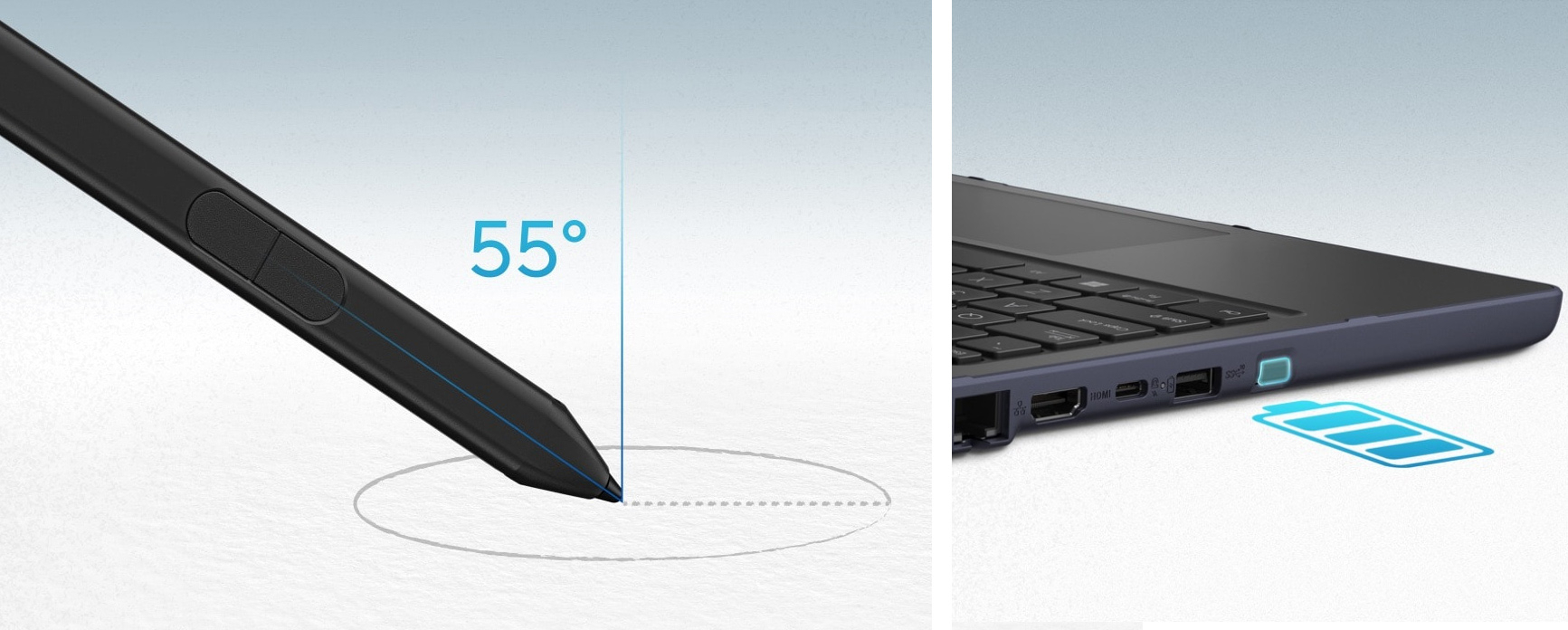 this stylus operates at angles of up to 55°