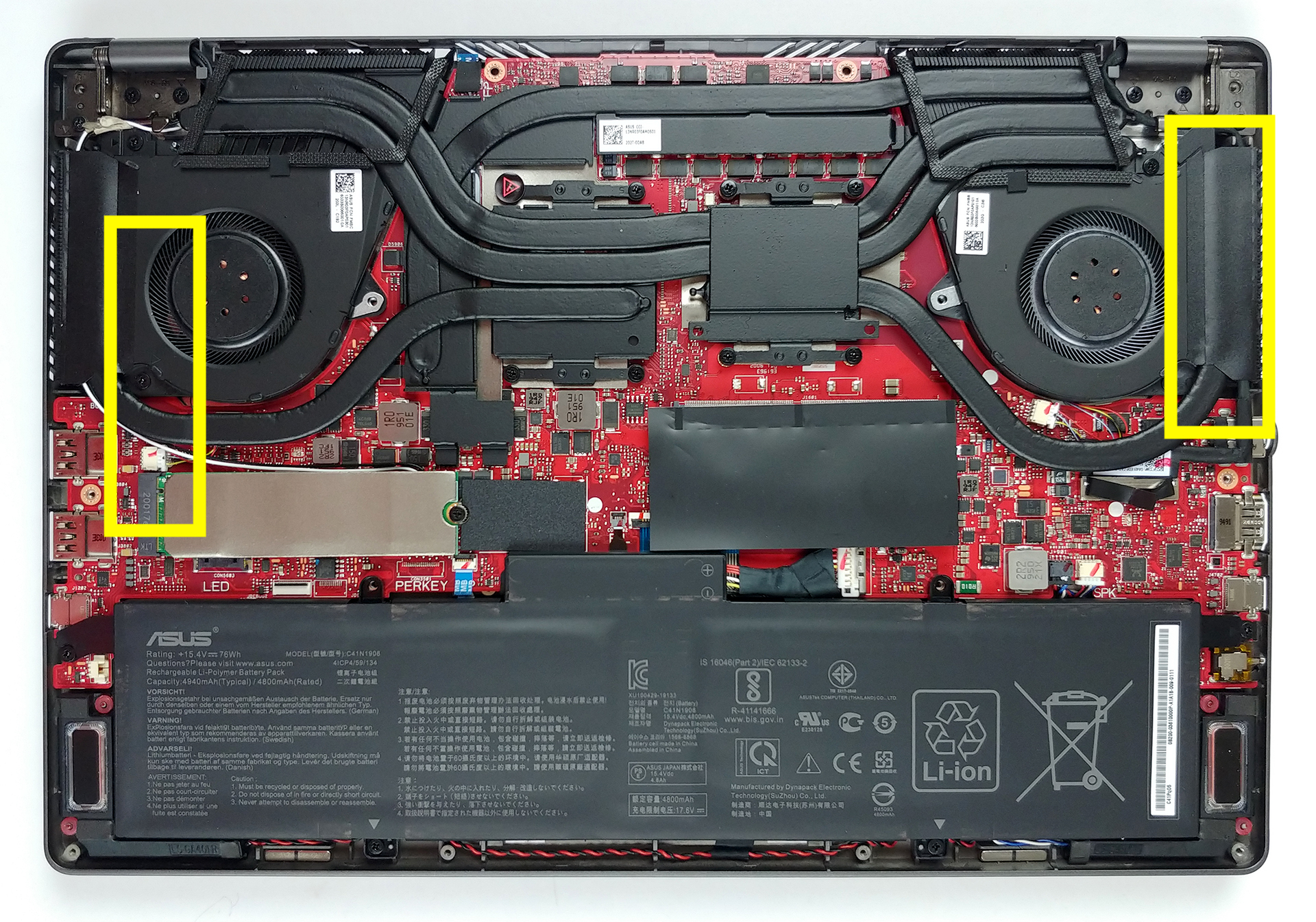 remove the strips of tape from each side of the two fans