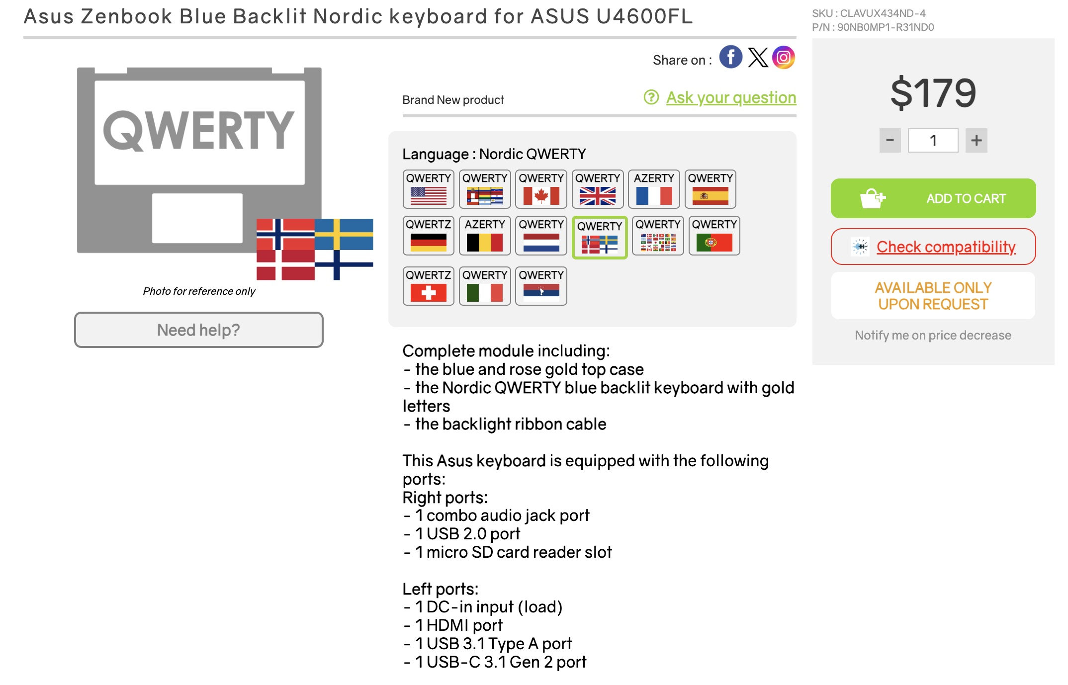 Blue Backlit Nordic keyboard for ASUS U4600FL