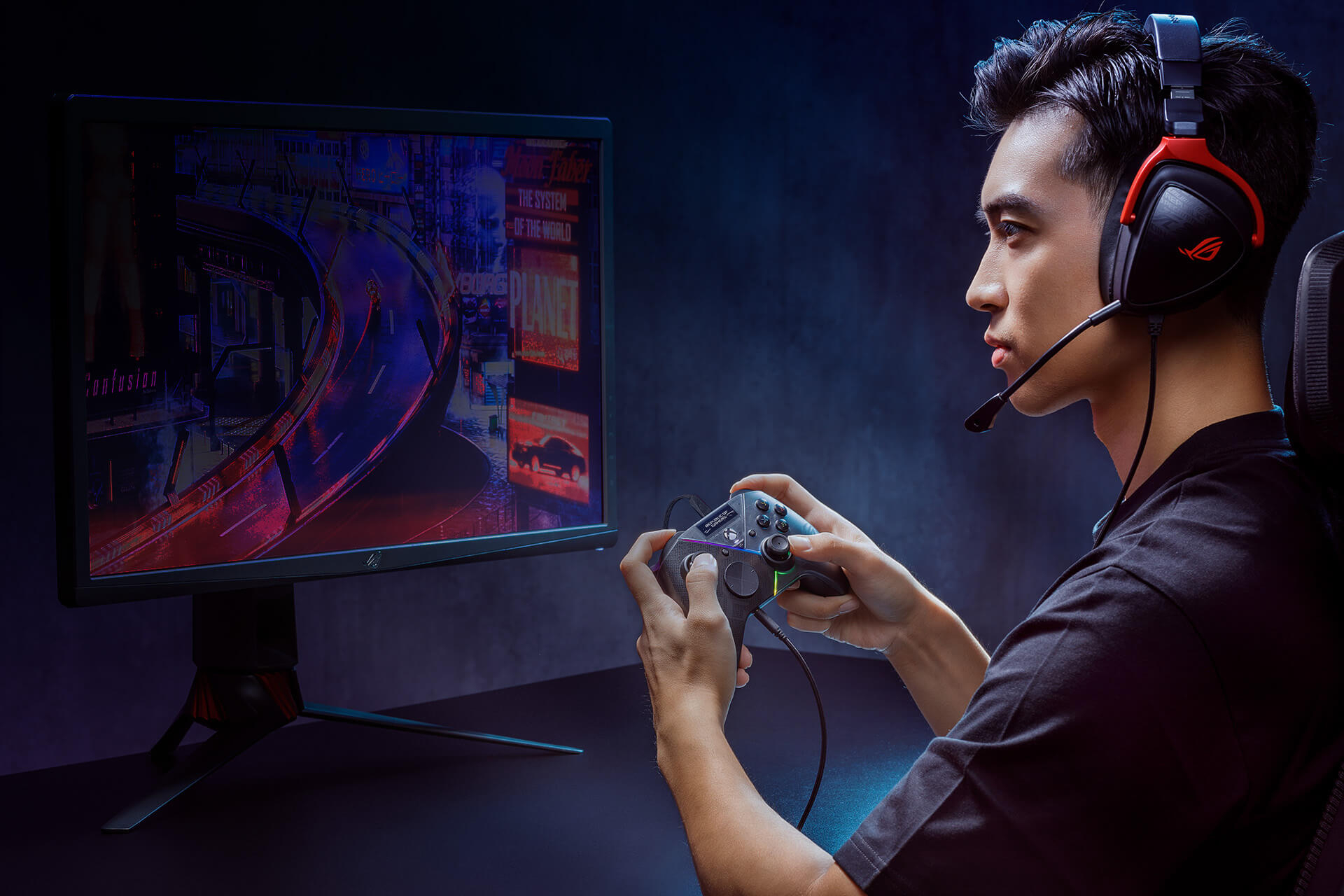Connect a headset to the 3.5mm jack on the ROG Raikiri Pro controller.